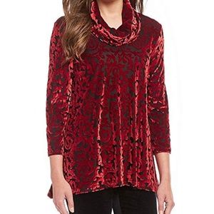 Red, crushed velvet burnout, cowl-neck top NWT